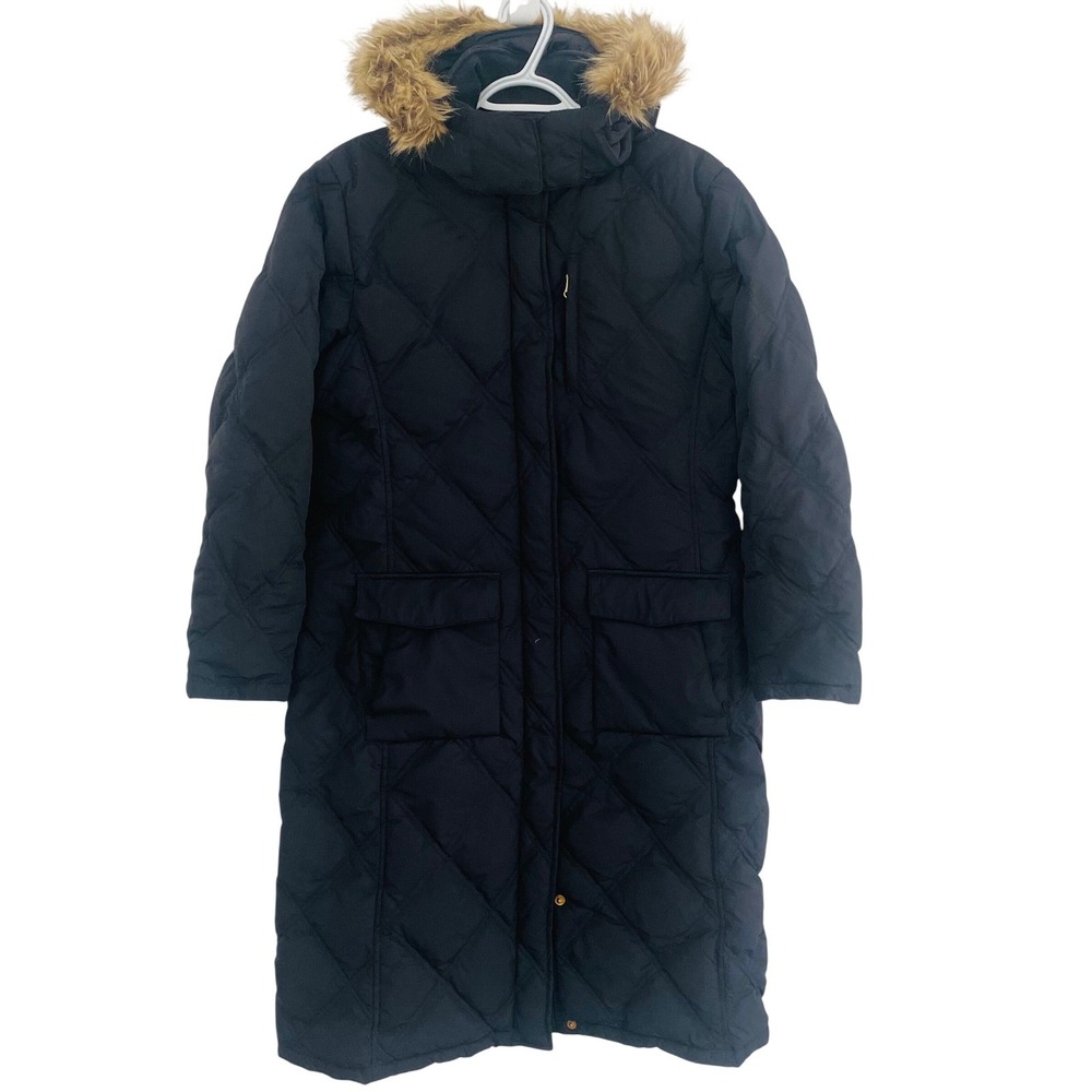 Lands End Down Quilted Parka Hooded Long Winter Coat Navy Womens LG Warm Dressy‎